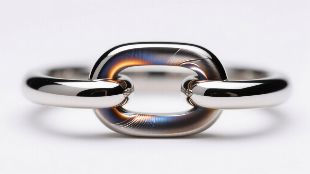 Macro view of a welded permanent jewelry link showing a smooth oxidation-free pulse arc weld joint under bright studio lamps.