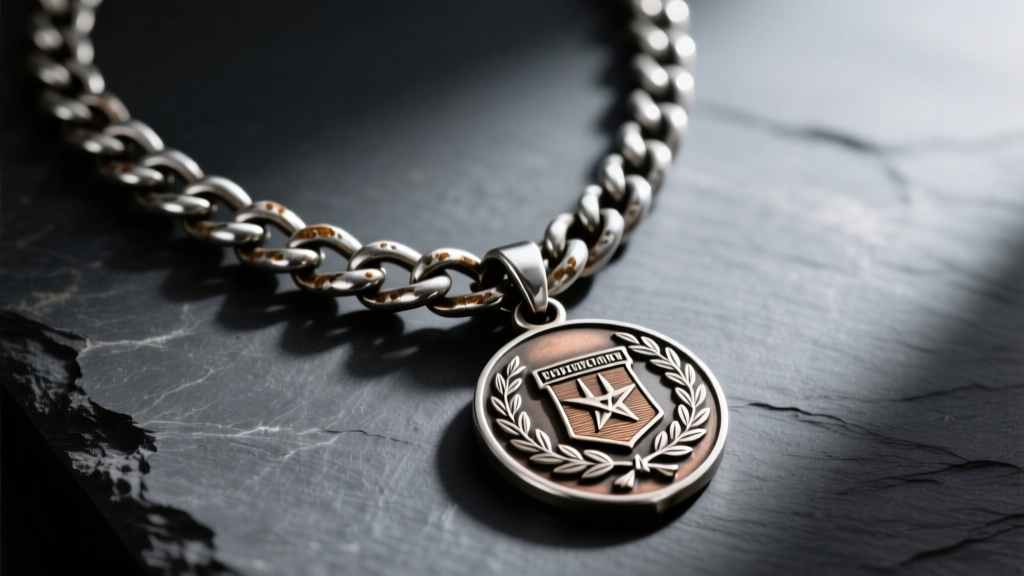 Heavy oxidized sterling silver curb chain necklace with a detailed military-style bravery medal pendant resting on dark slate