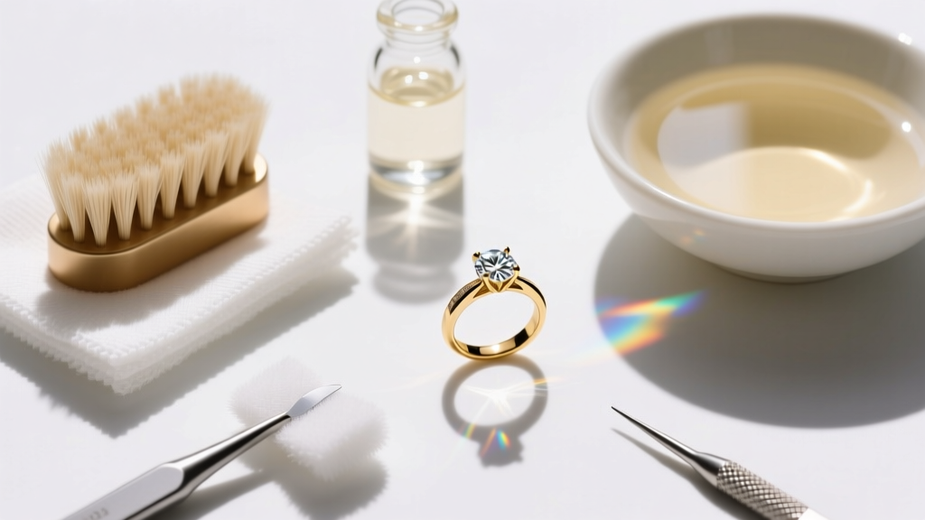 Overhead view of jewelry cleaning tools: soft brush, microfiber cloth, mild soap, and warm water next to a diamond gold ring.