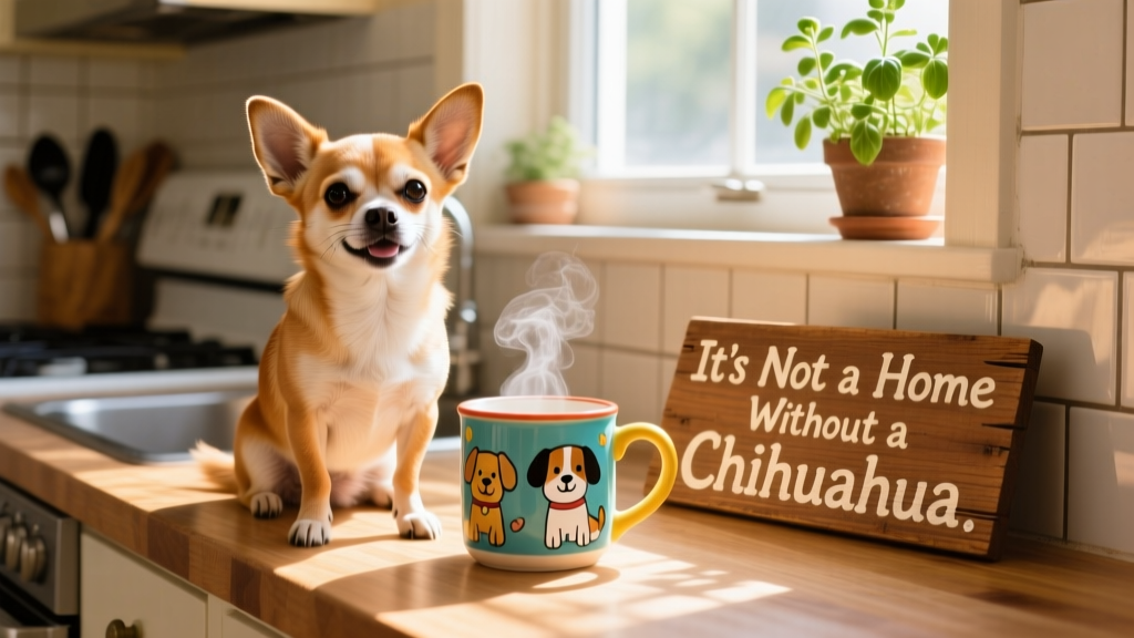 A cheerful Chihuahua sitting beside a colorful coffee mug and wooden 'It's Not a Home Without a Chihuahua' sign on a sunlit kitchen counter