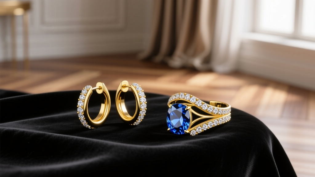 18k yellow gold diamond huggie earrings and sapphire ear cuff on dark velvet in soft window light, luxury jewelry gift