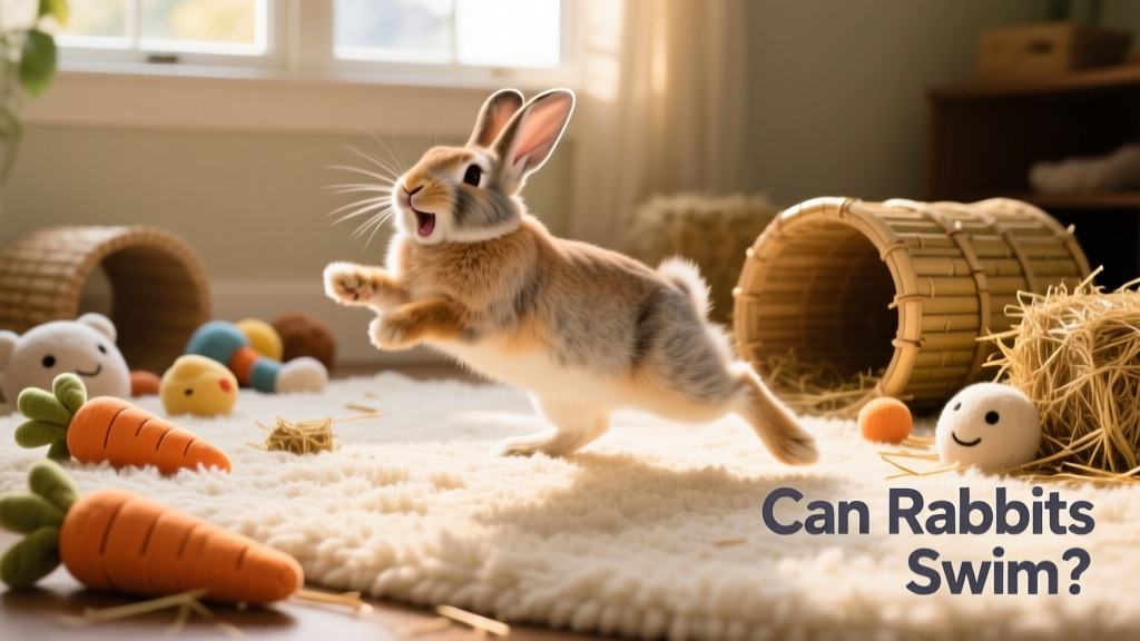 Rabbit happily binkying on a soft rug indoors, surrounded by toys and hay