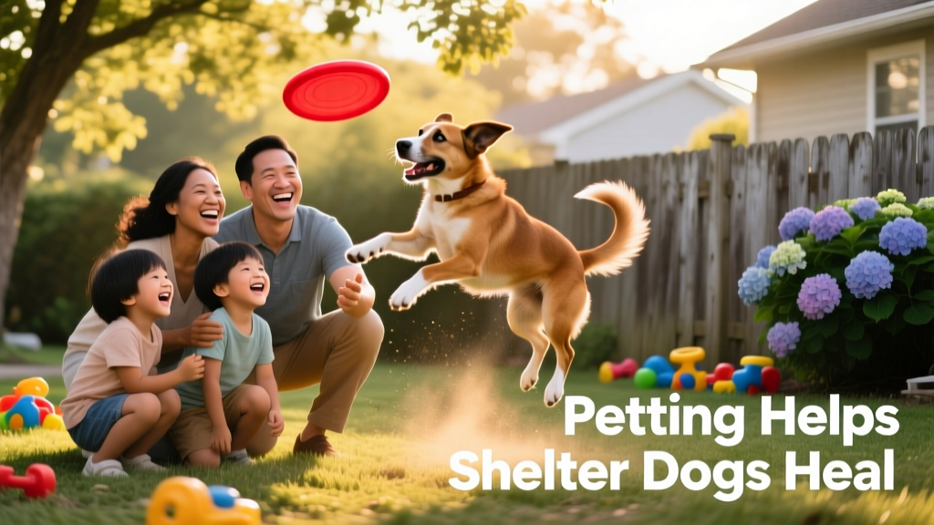 A smiling family playing fetch with their newly adopted shelter dog in a sunny backyard