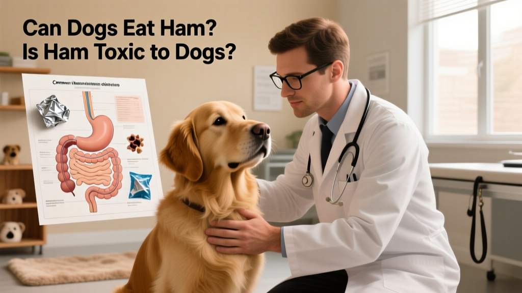 A veterinarian examining a dog while holding a diagram showing common digestive tract obstructions from foreign objects like foil and plastic