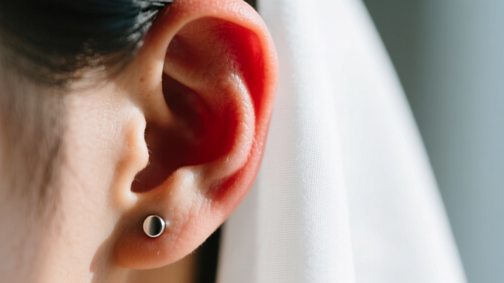 Swollen red earlobe with a simple titanium stud earring resting against clean white linen in soft natural morning light, close-up