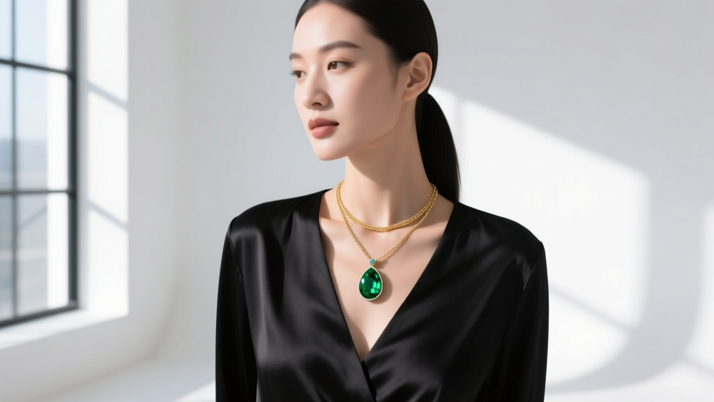 Elegant woman wearing a 20-inch emerald drop necklace layered with a delicate 16-inch gold chain over a black silk V-neck blouse