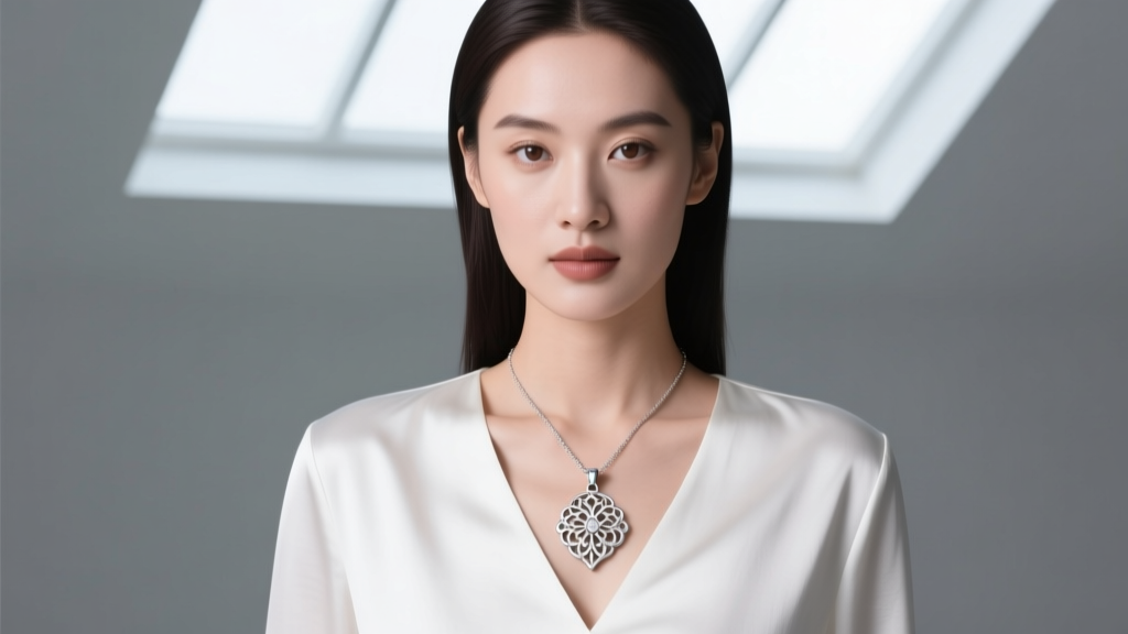 Woman wearing a 16-inch silver pendant over a white V-neck blouse, studio portrait with sharp focus and soft, diffused lighting.