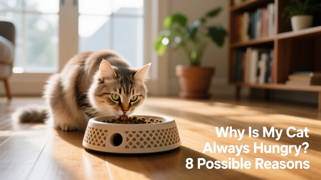 A contented cat eating from a slow-feed puzzle bowl on a sunlit floor