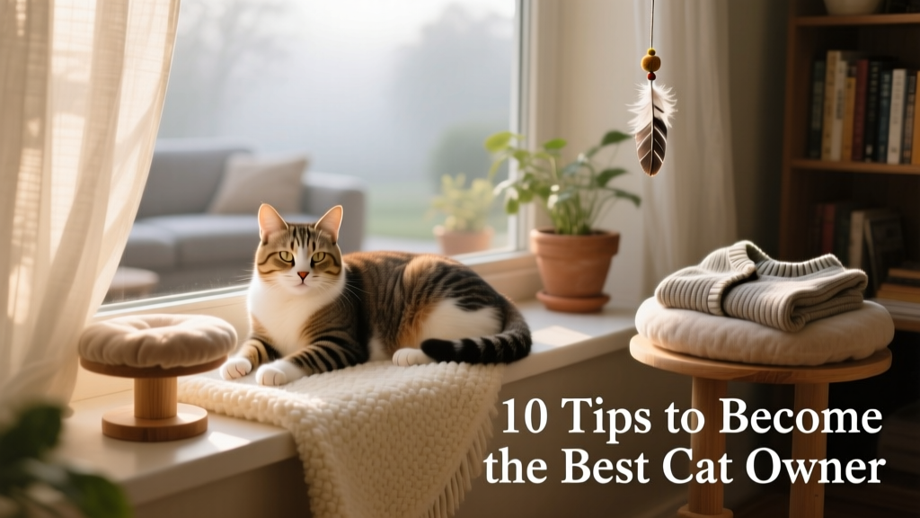 A relaxed cat lounging on a sunlit windowsill with a soft blanket and nearby perch