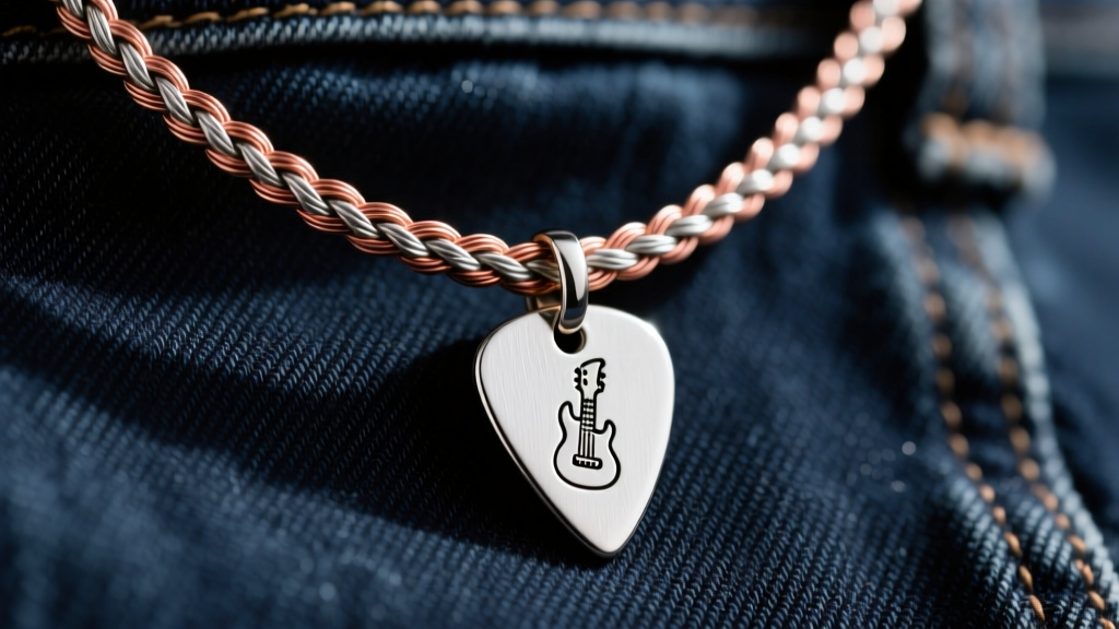 Close-up of a braided .046 gauge guitar string necklace with a brushed sterling silver guitar pick pendant resting on dark denim