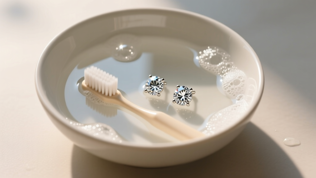 Overhead view of a ceramic bowl with soapy water, a soft toothbrush, and sparkling round diamond drop earrings being gently cleaned