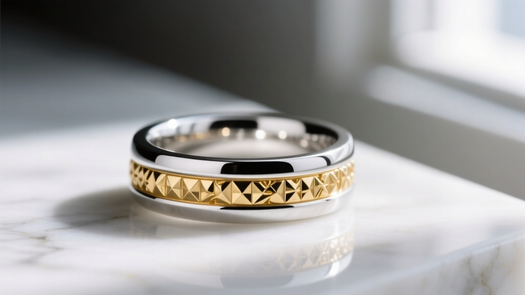 Macro shot of a two-tone ring featuring a polished sterling silver band and a textured 18k gold accent resting on white marble.