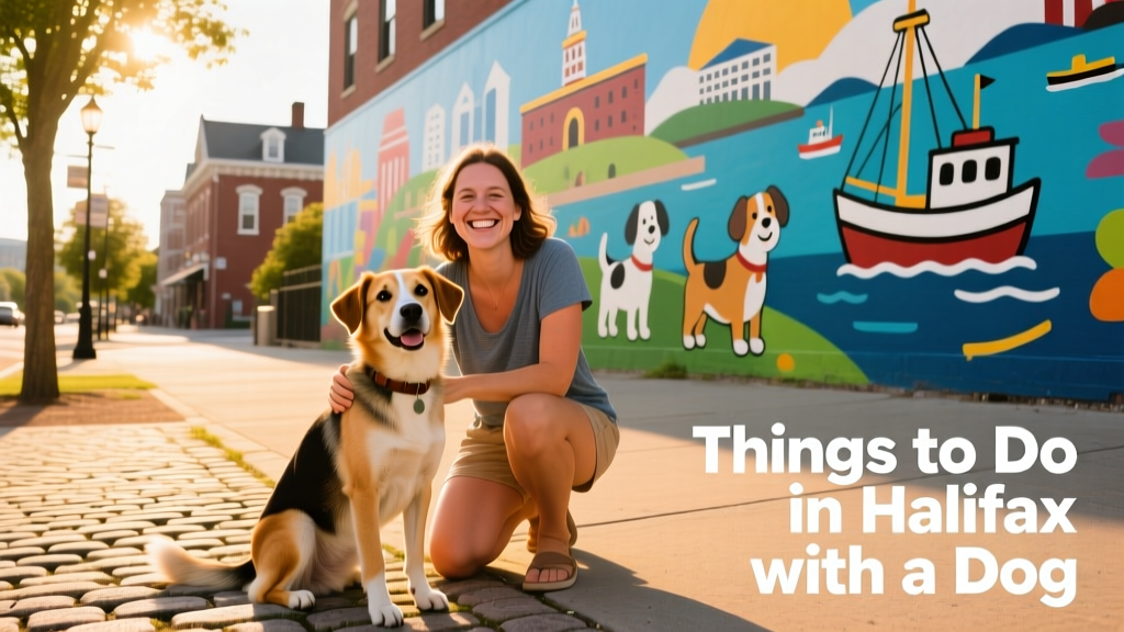 A smiling dog owner kneeling beside their relaxed, leashed dog on a sunny Halifax sidewalk near a colourful mural