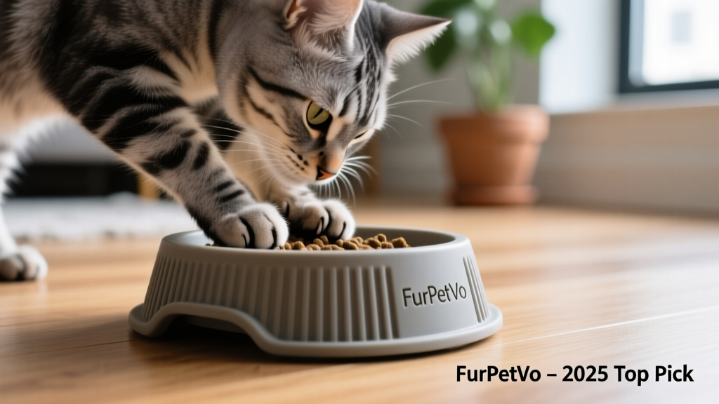 Close-up of a cat’s paws interacting with the textured surface of a FurPetVo slow feeder bowl, highlighting gentle engagement