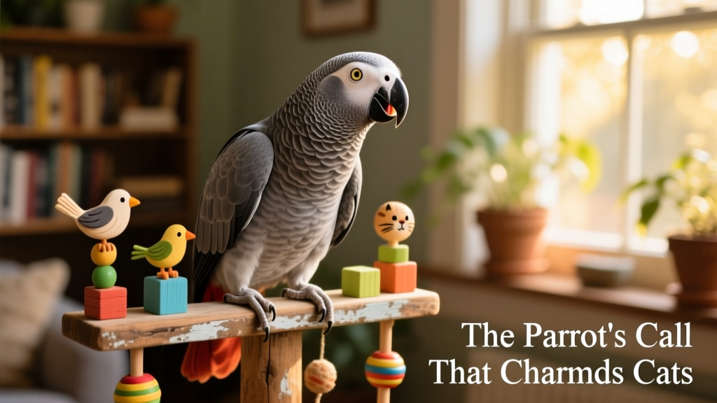 Symon whistling animatedly while perched on a wooden stand decorated with colorful toys