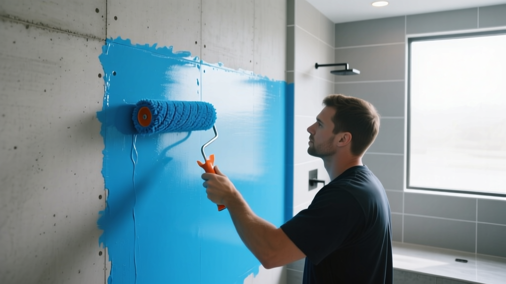 Contractor applying bright blue liquid waterproofing membrane over cement backer board on a modern shower wall using a thick nap roller