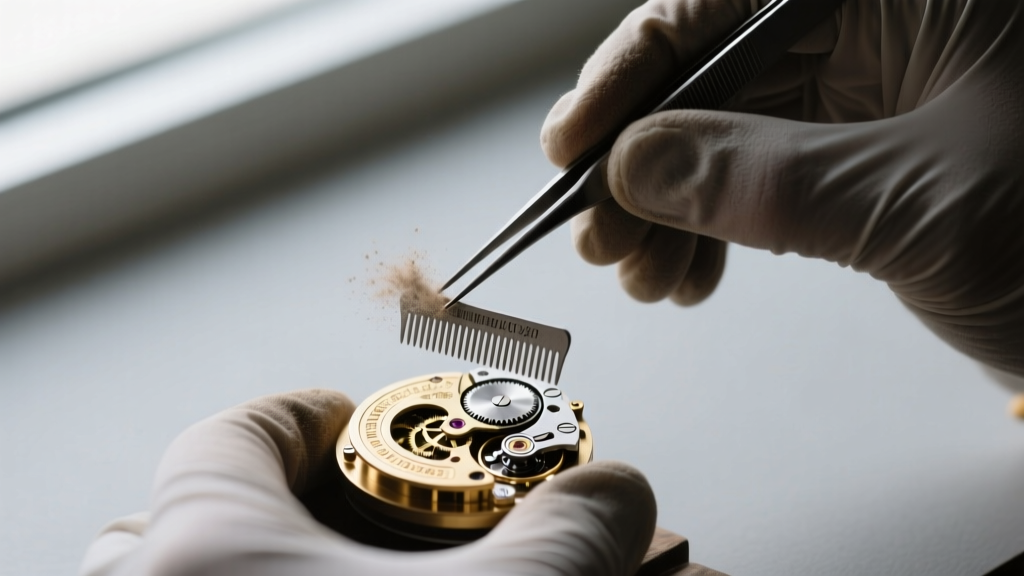 Macro shot of a jeweler using fine tweezers to clean dust from the tuned teeth of a 30-note music box comb under bright lighting