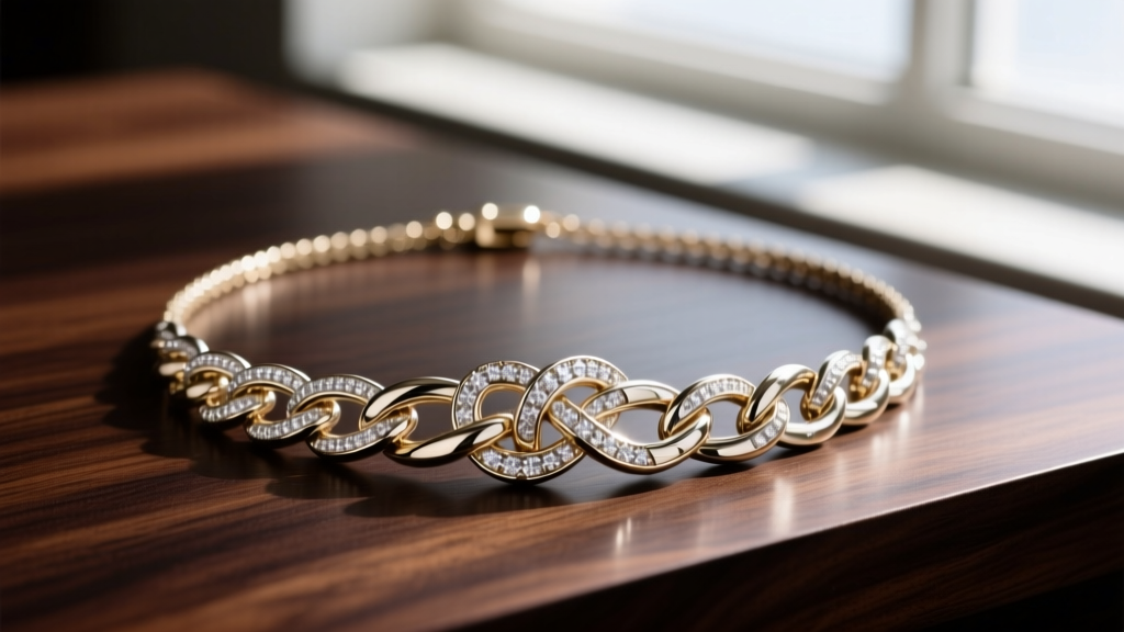 An 18k white gold sailor knot necklace on dark walnut wood, highlighting bright rhodium plating and sharp polished metal edges