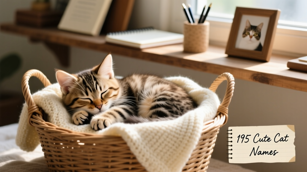 A fluffy tabby kitten curled up in a woven basket with a soft blanket
