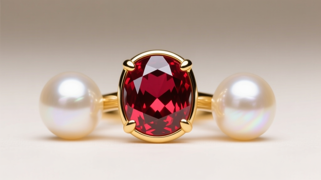 Macro photography of a vivid red Mozambique ruby cabochon set in 18k yellow gold, flanked by two lustrous white Akoya pearls.