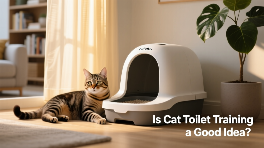 A relaxed cat sitting beside a clean, low-profile FurPetVo litter box in a quiet corner of a sunlit room