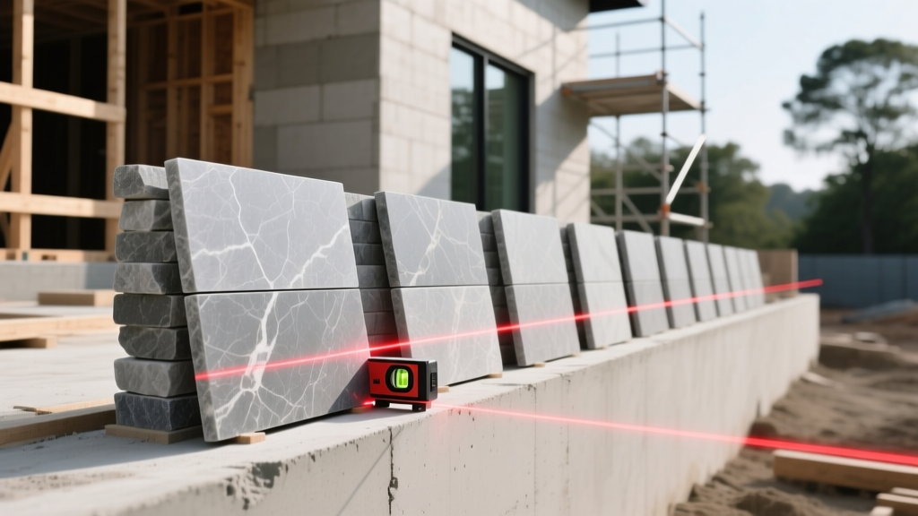 Gray quartzite stacked stone veneer panels aligned on a cementitious substrate with a laser level during an exterior build