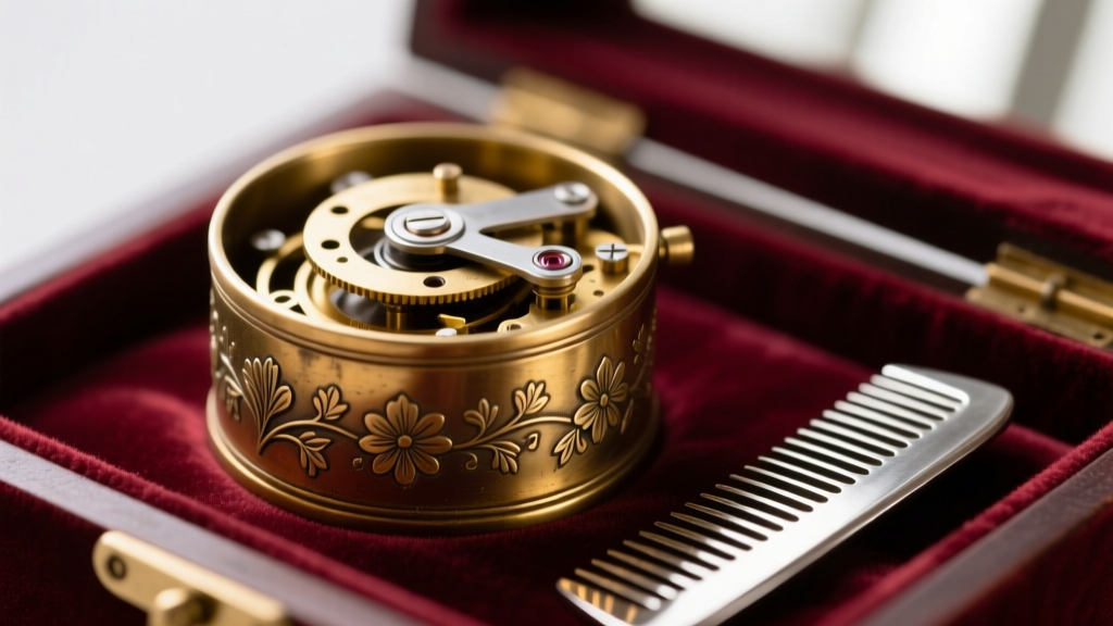 Close-up of a disassembled vintage ballerina jewelry box music mechanism showing the brass cylinder and steel comb on velvet