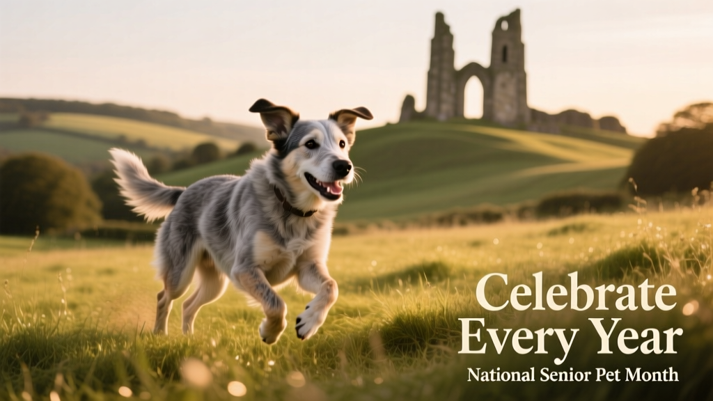 A gentle senior dog named Dixie running joyfully across a grassy field in Glastonbury, UK