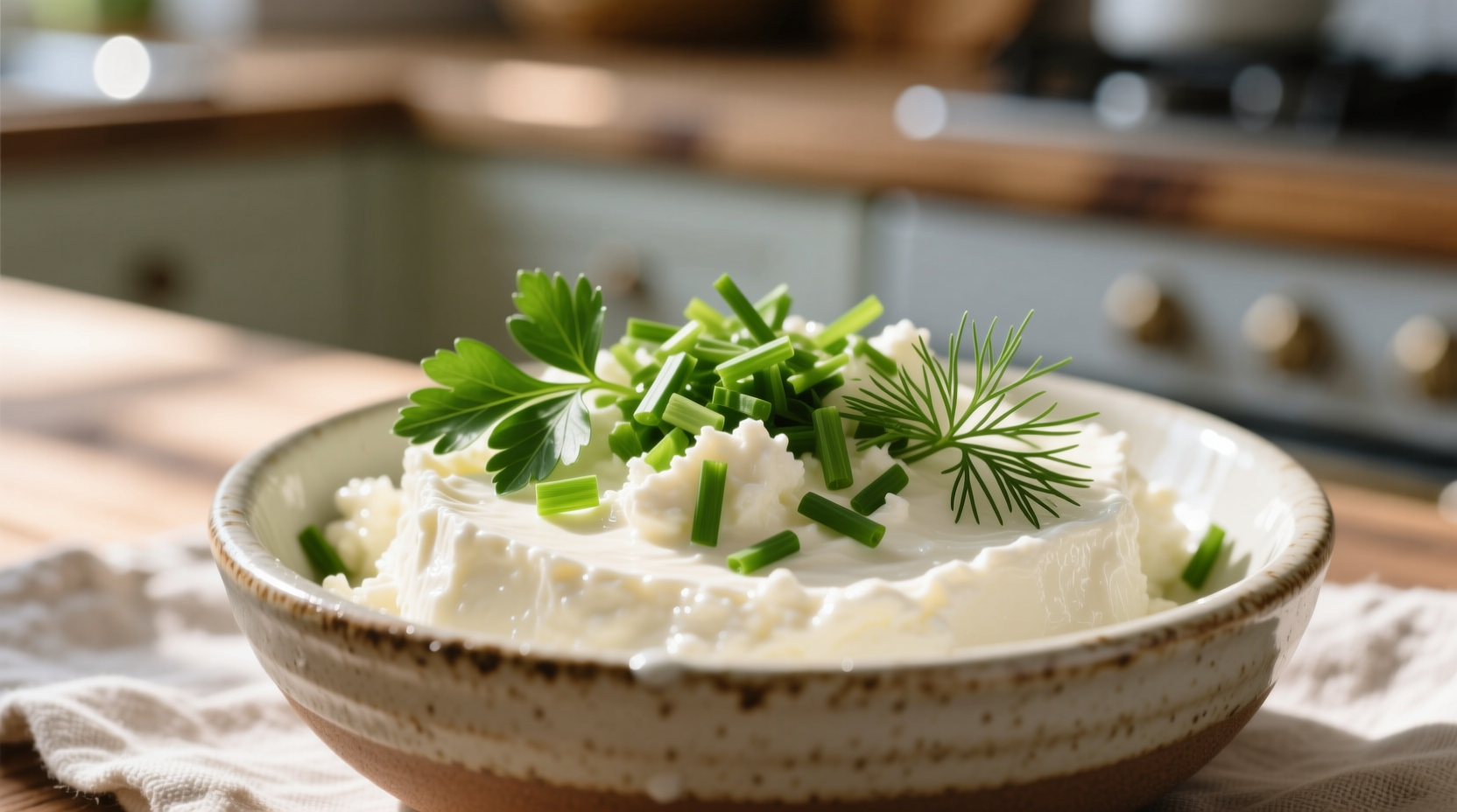 Close-up of cottage cheese in bowl with fresh herbs
