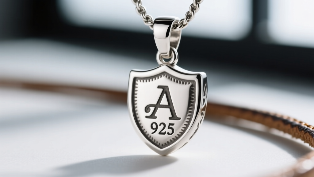 Extreme close-up of a James Avery pendant back, sharply focused on the engraved 925 and trademark A shield hallmark stamp.