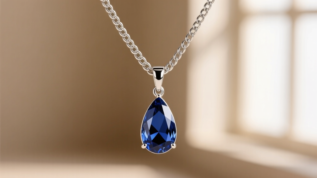 Macro shot of a 1.0mm rhodium-plated sterling silver box chain connecting to a marquise-cut sapphire Vesper drop pendant.