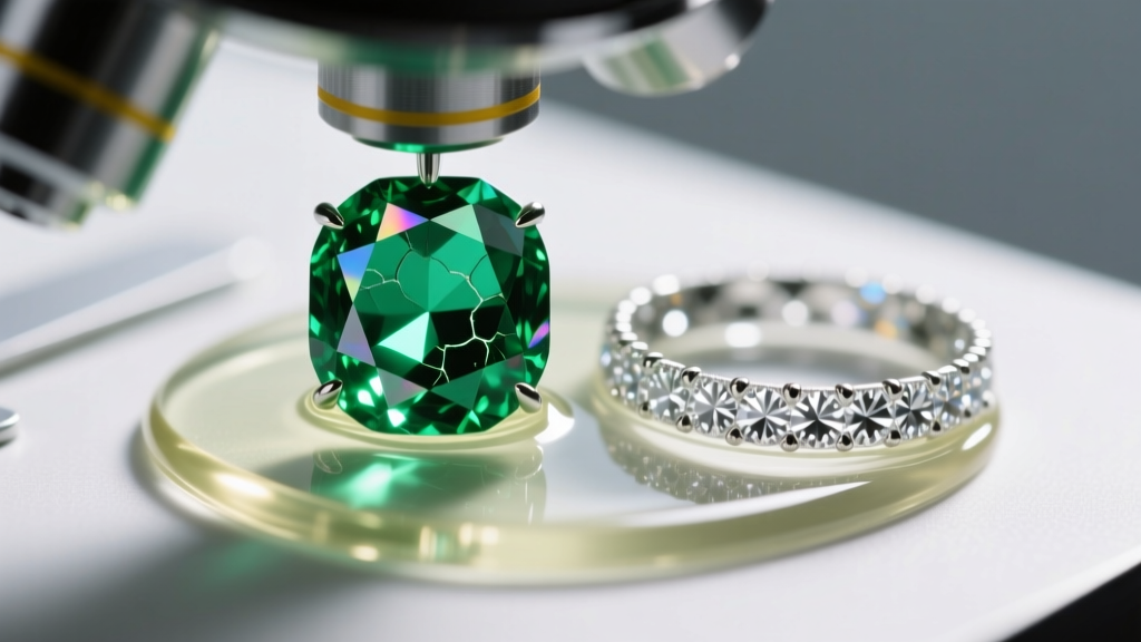 Microscope view of an included emerald with oil filling beside a flawless diamond girdle under bright polarized light
