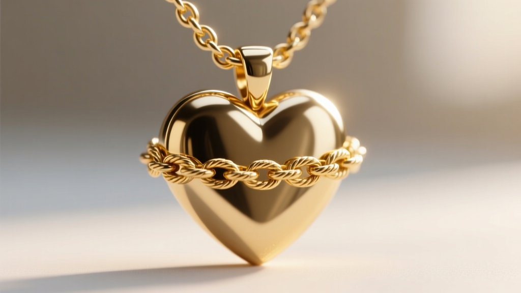 Macro view of a gold rope chain caught in the top cleft of a heart pendant, showing metal friction marks on the polished surface