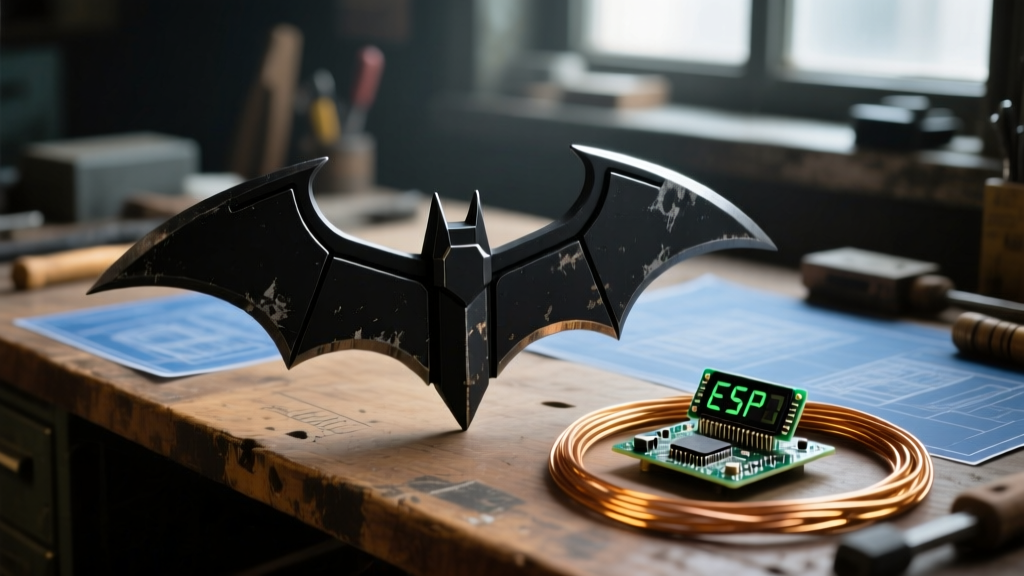 A dimly lit workbench featuring a 1:1 scale Arkham Knight Tri-Fold Batarang replica, an ESP32 microcontroller, and copper wiring for a smart display setup.
