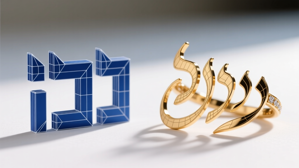 Side-by-side CAD wireframe comparison of block Hebrew script versus cursive Hebrew calligraphy for custom jewelry laser cutting