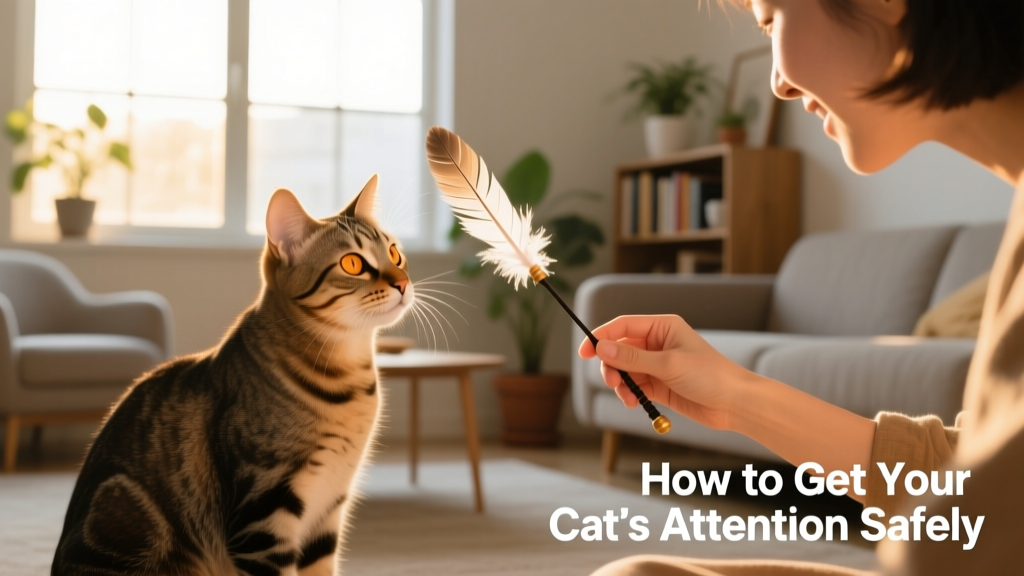 A person gently engaging a cat during quiet playtime, using a feather wand toy