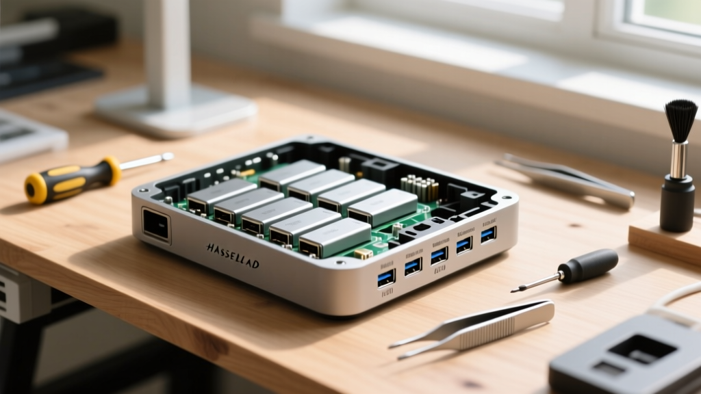 Disassembled modular smart desk hub showing easily replaceable battery cells and standardized USB-C ports on a wooden workbench with repair tools