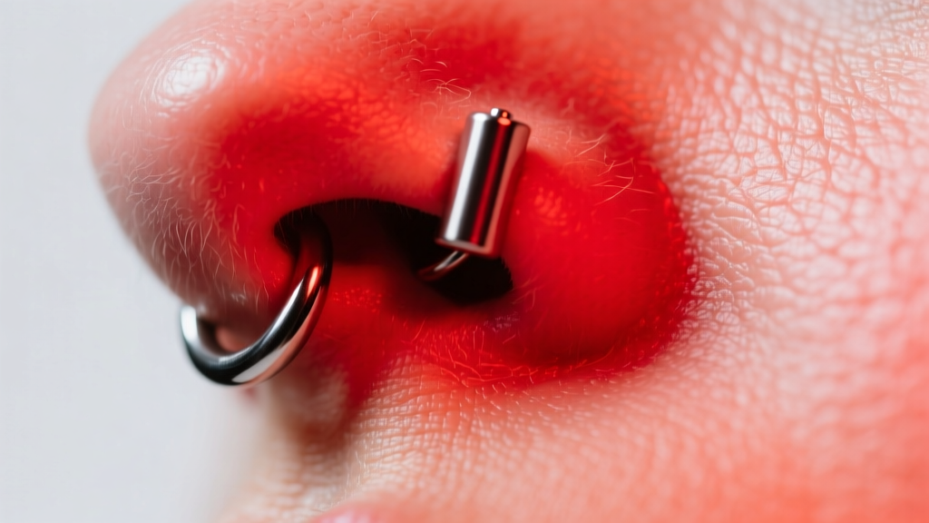 Macro photo of a red nostril piercing with a short titanium stud sinking into skin under bright clinical lighting, sharp focus.