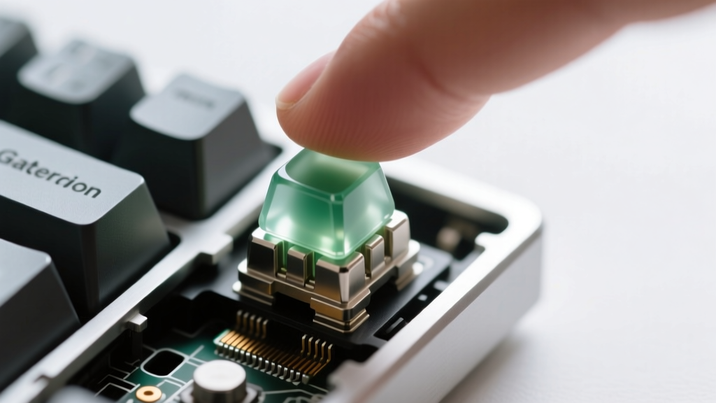 Fingers pressing Gateron Magnetic Jade switches in exposed aluminum keyboard chassis showing magnetic hall effect sensors beneath