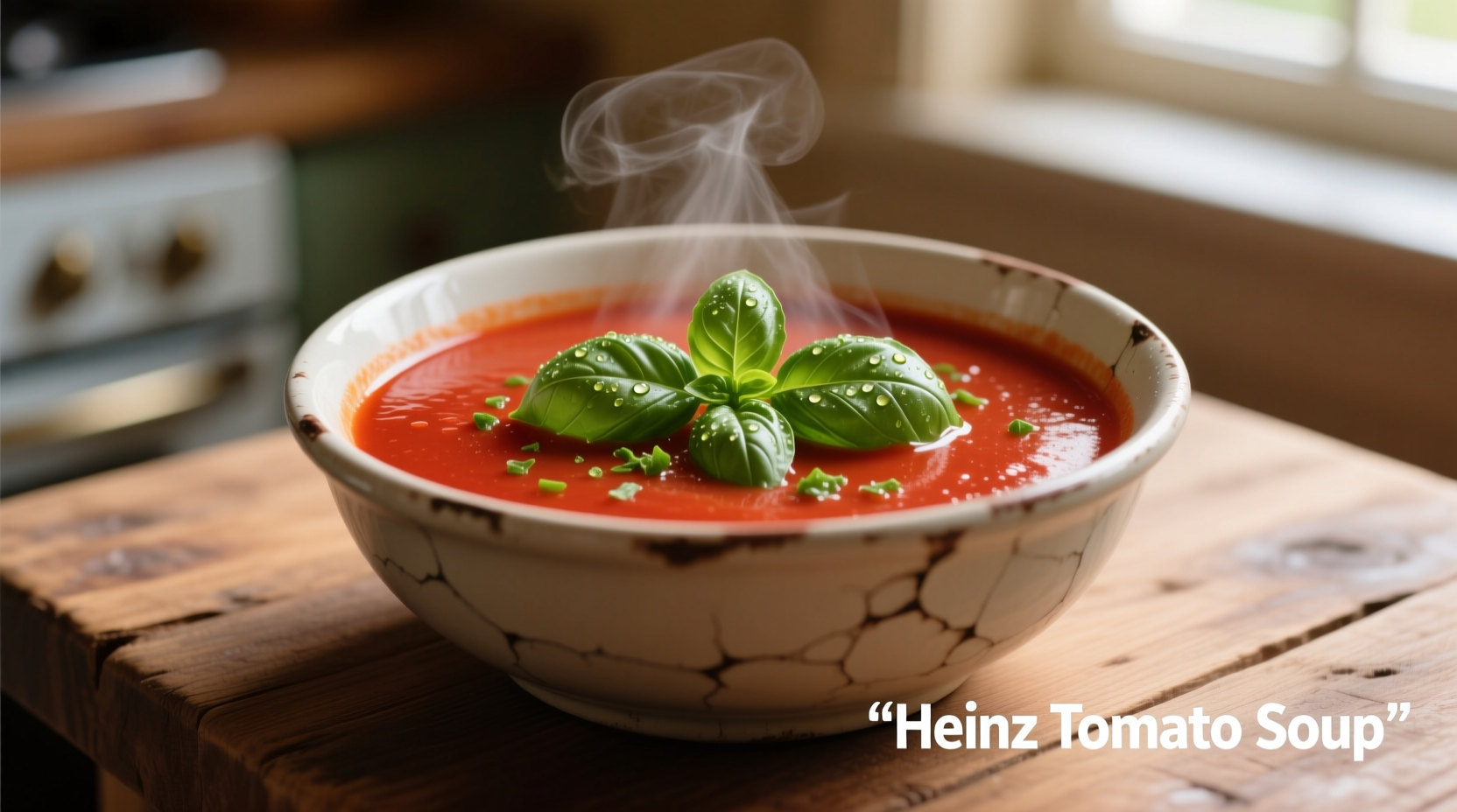 Heinz tomato soup in bowl with fresh basil garnish