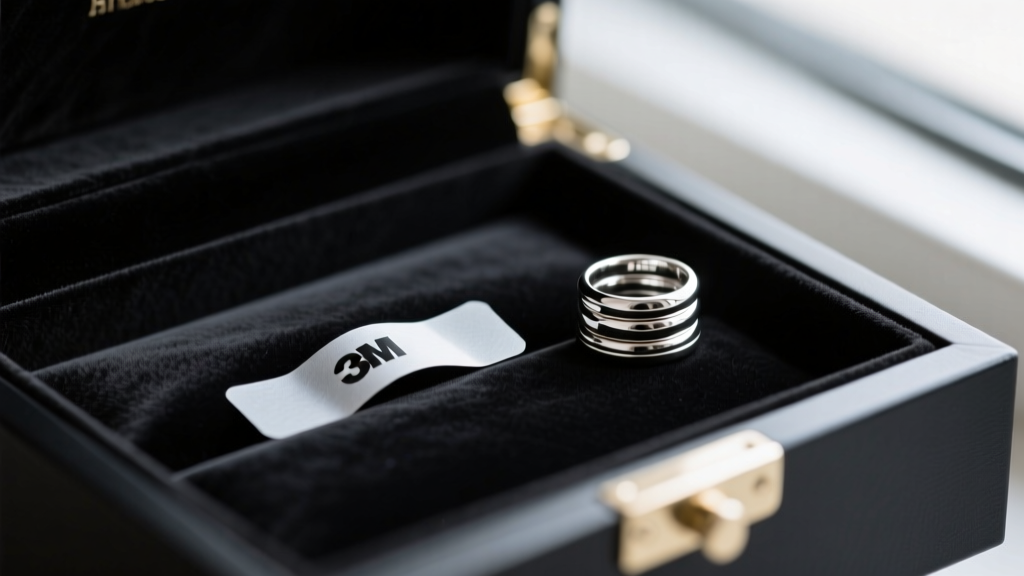 Close-up of a 3M anti-tarnish strip tucked inside a dark velvet drawer of a jewelry box next to a stack of sterling silver rings