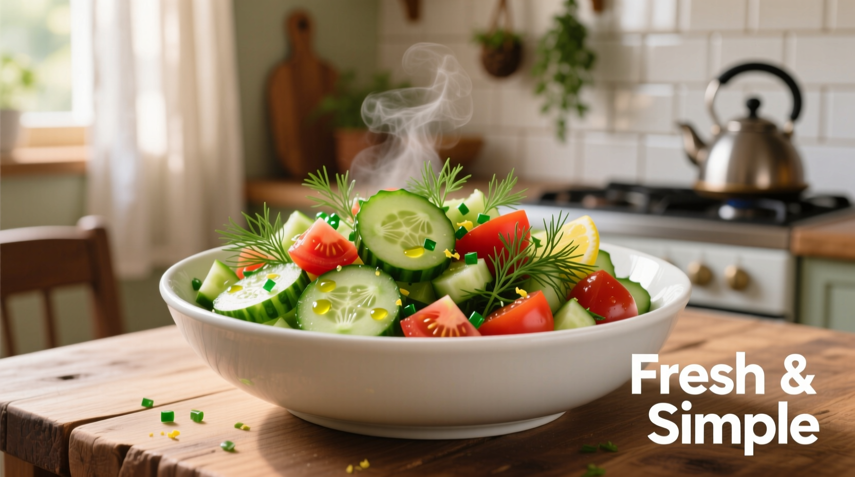 Fresh cucumber tomato dill salad in white bowl