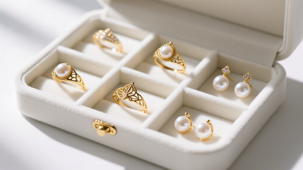 Delicate gold fairy-tale rings and pearl earrings neatly organized in shallow lid compartments of a white velvet jewelry organizer.