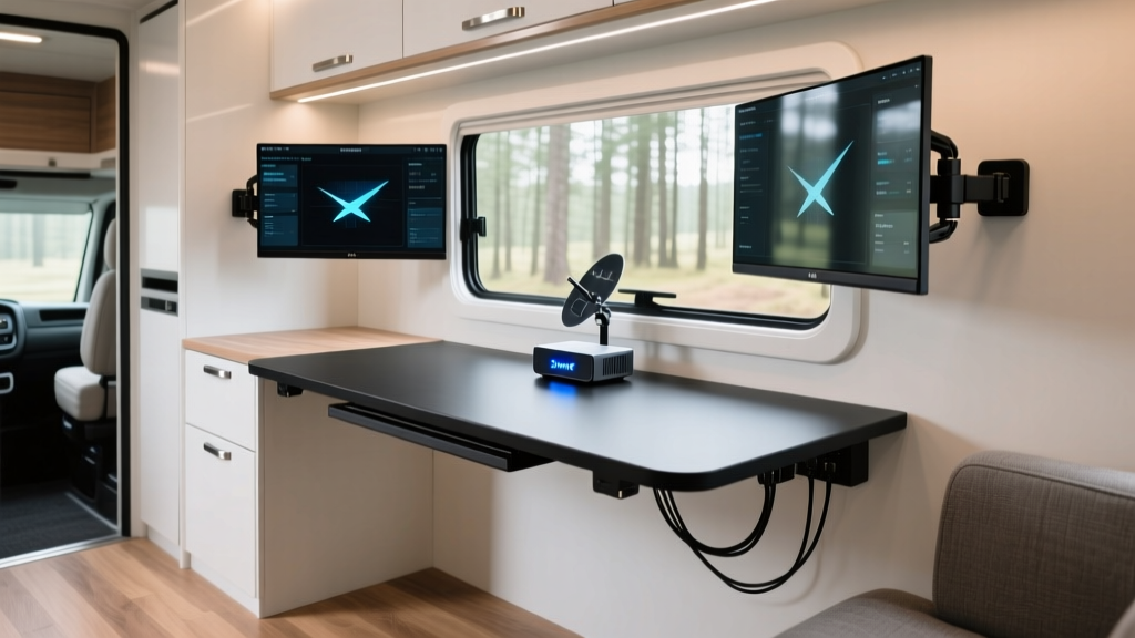 A modern Class A motorhome interior featuring a sleek fold-out standing desk, dual monitors, and a Starlink router on the dashboard.