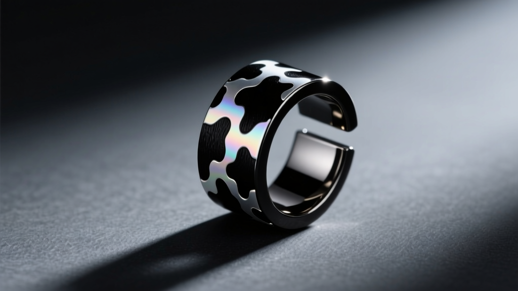 Side profile of implant-grade titanium cow print ear cuff with black PVD coating on dark slate with dramatic directional lighting