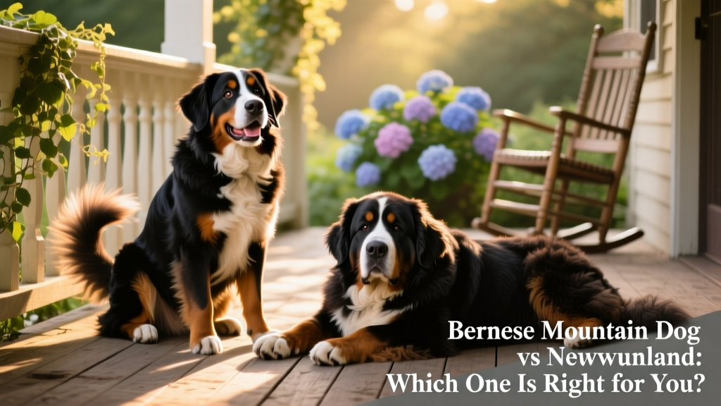 A happy Bernese Mountain Dog and a relaxed Newfoundland resting side by side on a sunlit porch