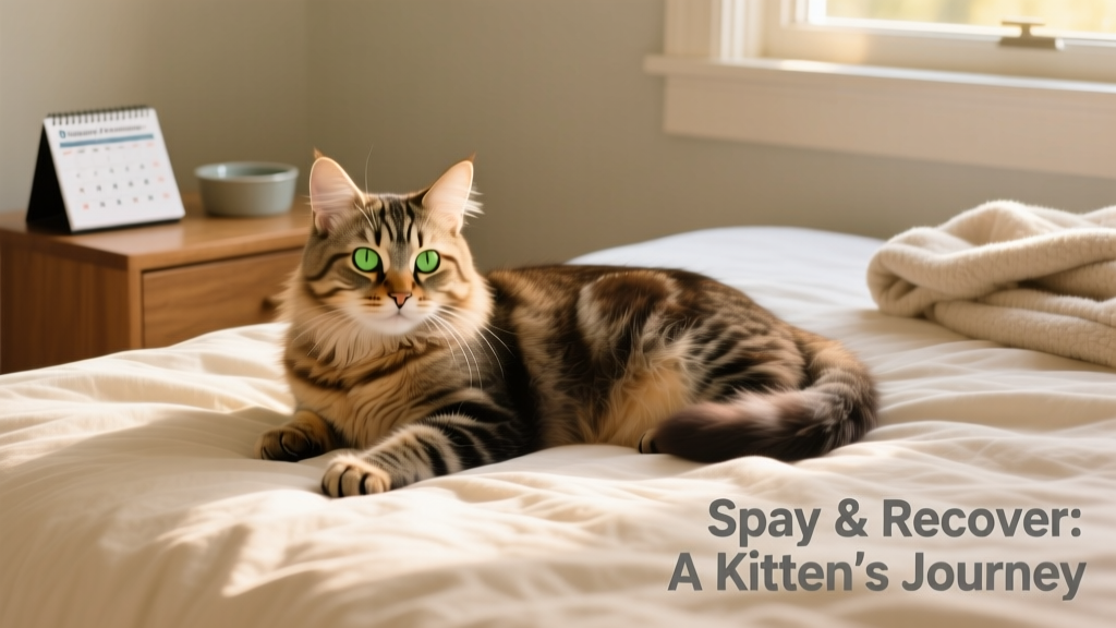 A calm, long-haired tabby kitten resting confidently on a soft bed, eyes bright and posture relaxed