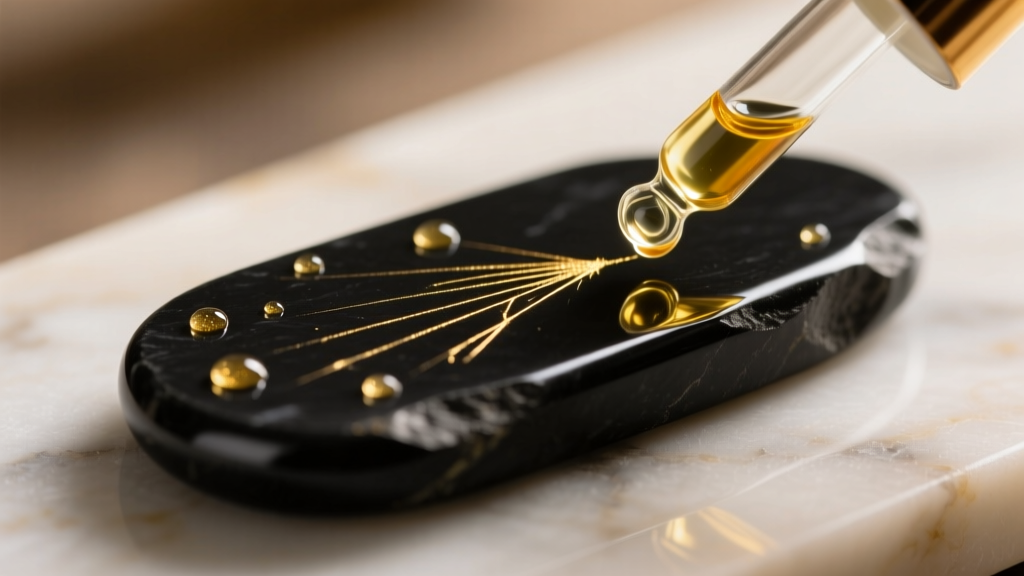 Black basalt touchstone with gold scratch marks tested with nitric acid solutions applied from small glass dropper bottles