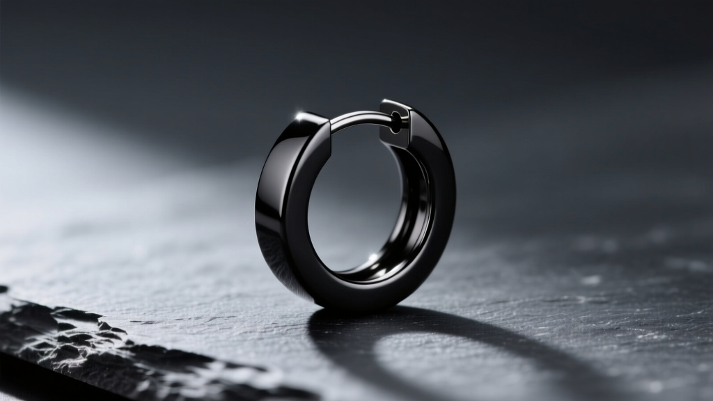 Macro shot of a black DLC titanium 16-gauge cartilage hoop earring on dark slate, highlighting its scratch-resistant matte finish