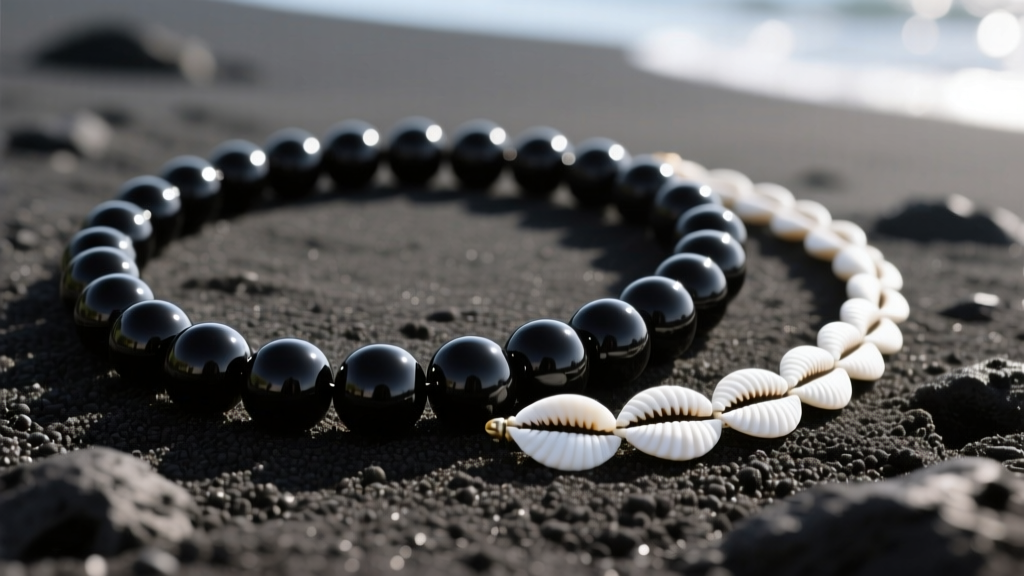 A flat lay of a polished black kukui nut lei hawaii necklace and a genuine white puka shell strand resting on coarse dark sand.